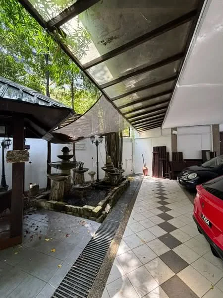 Exterior type: car porch; features: covered car porch with transparent roof, checkered tile flooring in black and white, water fountain feature with multiple tiers, landscaped area with bamboo plants, decorative lanterns, wall-mounted lighting, potted plants, space for multiple vehicles; style: modern.