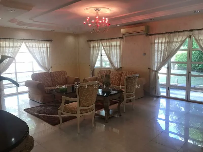 Living features: cream painted walls, white ceiling with crown moulding, marble tile flooring, 5-blade ceiling fan with light, chandelier, floor-to-ceiling windows, sheer curtains, 2 beige fabric sofas, 1 patterned armchair, wooden coffee table, decorative area rug, potted plant; style: traditional; view: garden.