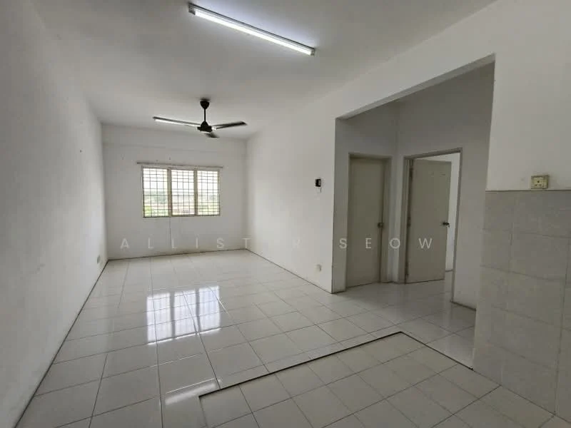 Room features: white painted walls, white tiled flooring, ceiling fan, window with grid pattern, light fixtures on ceiling, doorway leading to another room, doorway leading to bathroom, corner with tiled wall; style: minimalist.