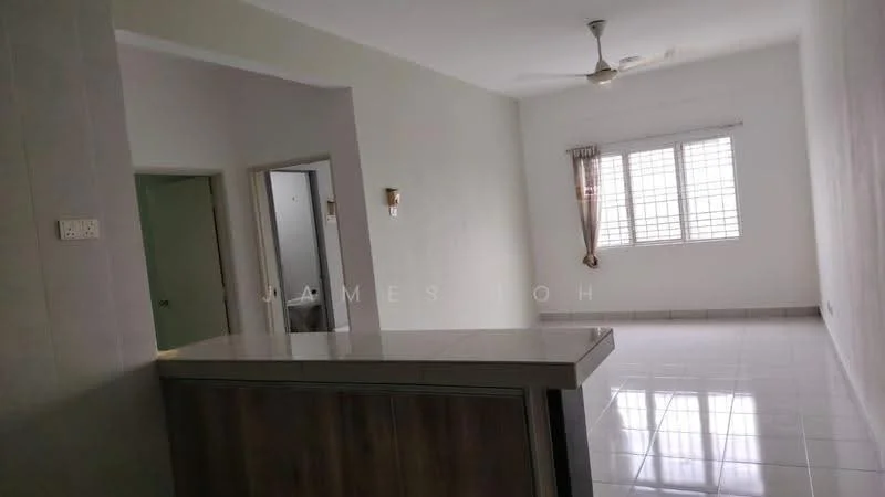 Living features: white painted walls, glossy ceramic tile flooring, 5-blade ceiling fan, large window with grid pattern, curtains, wall sconce, open layout to kitchen, neutral color scheme; style: modern. Kitchen features: kitchen island, wood cabinetry, unknown countertop material; style: modern. Room features: doorway to another room.