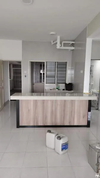 Kitchen features: island countertop with wood finish, white tiled flooring, grey painted walls, stainless-steel sink, chrome faucet, open layout, window with grill, cabinets with wood finish, recessed lighting, exposed piping; style: modern.