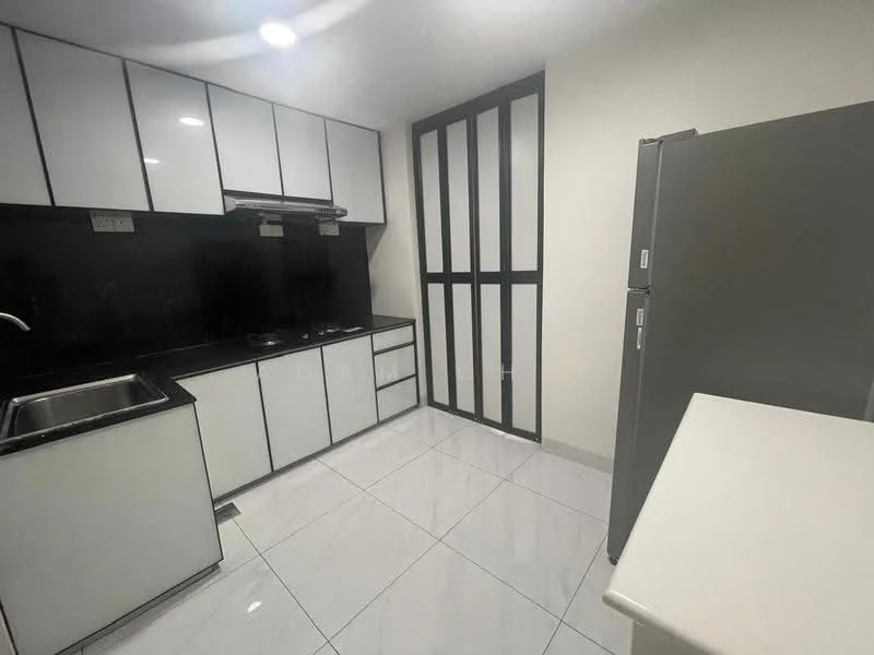 Kitchen features: white cabinetry with flat-panel doors, black countertop, stainless-steel sink, chrome pull-down faucet, built-in gas hob, exhaust hood, white tiled backsplash, white ceramic tile flooring, refrigerator, open shelving, wall-mounted cabinets, light fixture, sliding glass door, black framed partition; style: modern.