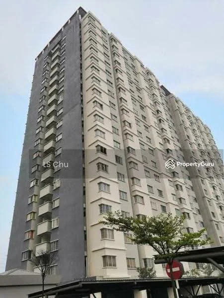 Exterior type: high-rise condominium; features: grey painted facade, white painted facade, recessed balconies, approximately 15-storey high-rise, mature trees in landscaping, covered parking area, multiple windows, urban context with surrounding buildings; style: modern.