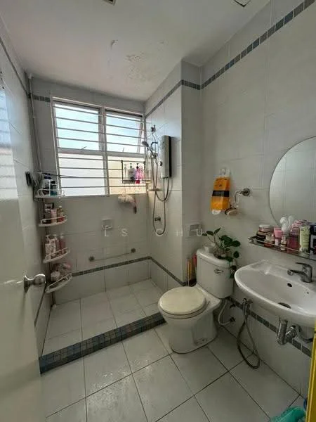 Bathroom features: white tiled walls, white tiled flooring, walk-in shower with glass partition, chrome handheld shower, wall-mounted showerhead, toilet, single-sink vanity with round mirror, wall-mounted storage shelves, various toiletries on shelves, window for natural light; style: modern.