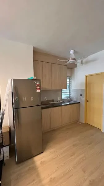 Kitchen features: stainless-steel fridge, wood cabinetry, light-colored countertop, ceramic tile backsplash, single-bowl stainless-steel sink, chrome pull-down faucet, 5-blade ceiling fan with light, laminate flooring, window with grille, yellow door; style: modern.