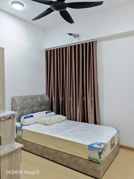 Bedroom features: queen-size bed with upholstered headboard, white bedding with decorative pillows, brown curtains, light wood flooring, ceiling fan, wall-mounted light fixture, built-in wardrobe, decorative wall art; style: modern.