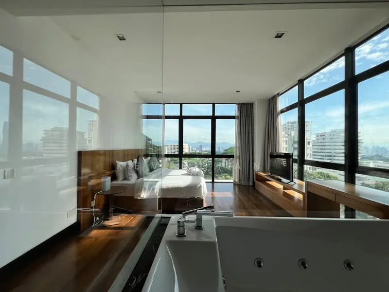 Bedroom features: floor-to-ceiling windows, city view, queen-size bed, wooden flooring, wall-mounted TV, built-in wooden shelf, curtains, decorative wall paneling; style: modern; view: city. Bathroom features: freestanding bathtub, single-bowl stainless-steel sink, chrome basin mixer, large mirror, tile cladding, glass partition, natural light from window; style: modern.