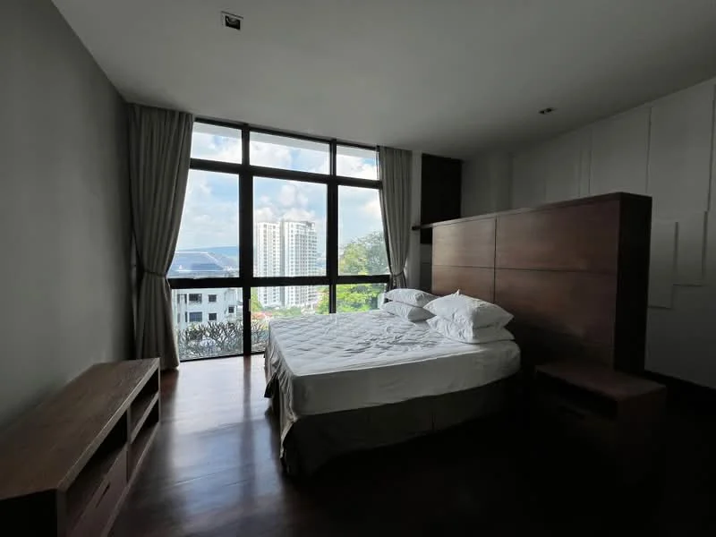 Bedroom features: king-size bed, upholstered headboard, wooden bedside table, wooden TV console, floor-to-ceiling windows, curtains, wooden flooring, decorative wall paneling; style: modern; view: city.