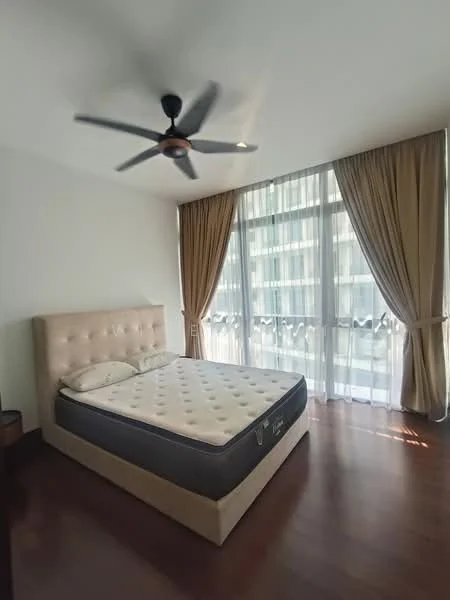 Bedroom features: king-size bed, upholstered headboard, 5-blade ceiling fan with light, floor-to-ceiling windows, sheer curtains, brown wooden flooring, decorative wall, natural light; style: modern; view: city.