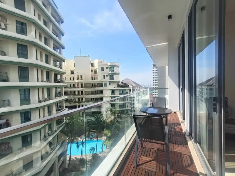Balcony features: glass railing, wooden decking, outdoor table, outdoor chairs, view of swimming pool, view of surrounding buildings, sunny exposure, potted plants; style: modern; view: pool.