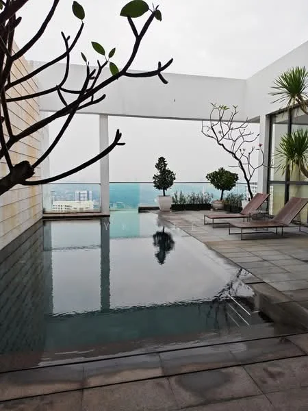 Exterior type: high-rise condominium; features: infinity pool, pool deck with loungers, landscaped garden with potted plants, glass railing, stone-paved flooring, city skyline view, trees with foliage; style: modern.