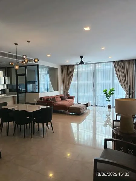 Living features: 3-seater fabric sofa in peach, 2-seater fabric sofa in grey, coffee table, area rug, floor-to-ceiling windows, sheer curtains, 5-blade ceiling fan with light, marble tile flooring, decorative plant in ceramic pot, wall-mounted TV, dining table with 6 chairs, open layout to kitchen; style: modern; view: city.