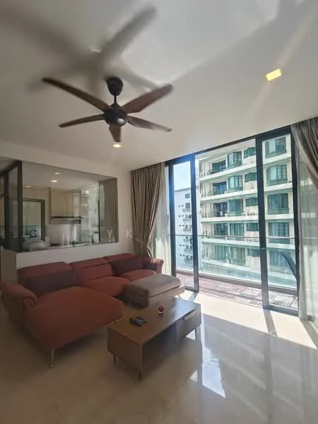 Living features: 3-seater fabric sofa in orange, coffee table, floor-to-ceiling windows, curtains, ceiling fan, marble flooring, wall-mounted TV, decorative wall art; style: modern; view: city.