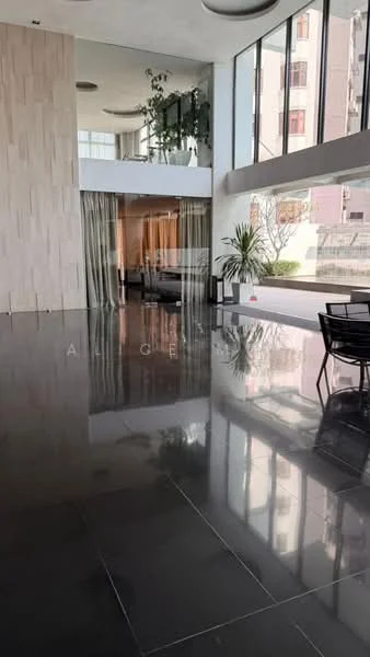 Living features: polished concrete flooring, white painted walls, large floor-to-ceiling windows, curtains, indoor plants, recessed ceiling lights, open layout, modern furniture, black dining chairs, decorative wall paneling; style: modern; view: city.