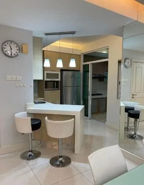 Kitchen features: white quartz countertop, stainless-steel fridge, built-in microwave, wood cabinetry, pendant lighting, bar stools in black and white, ceramic tile flooring, wall clock, recessed ceiling lights, open layout to dining area; style: modern.