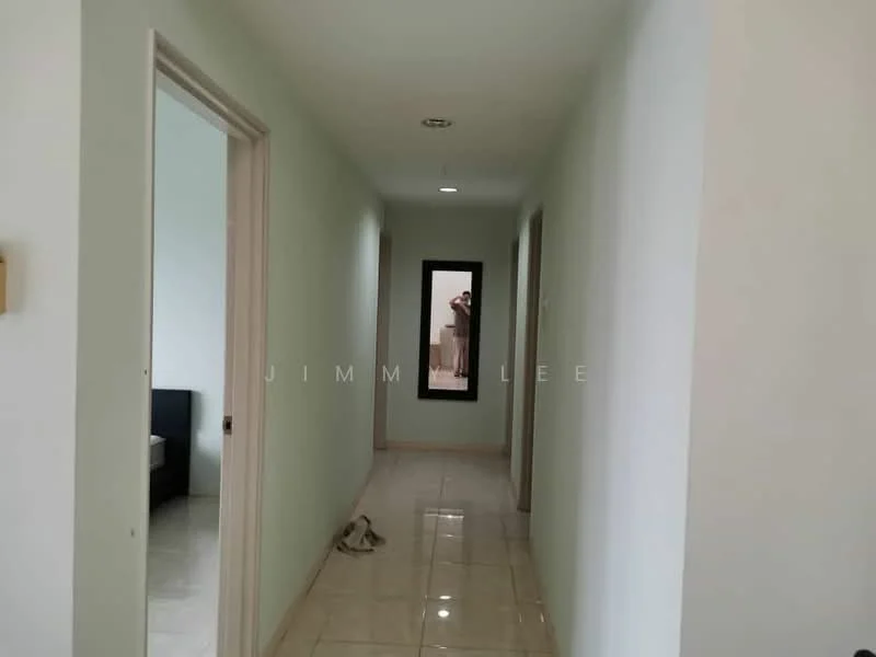 Hallway features: white painted walls, glossy tile flooring, recessed downlights, doorway leading to rooms, mirror at the end of the hallway.