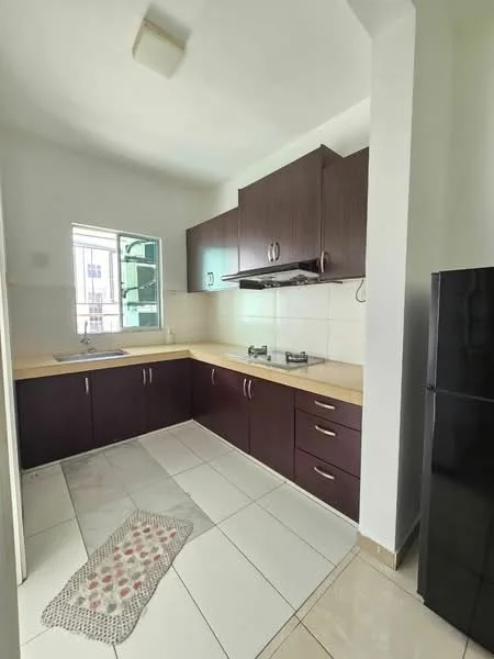 Kitchen features: brown wooden cabinetry, light-colored countertop, double-bowl stainless-steel sink, chrome pull-down faucet, built-in gas hob, exhaust hood, white tiled walls, white tiled flooring, window with green view, area rug, refrigerator; style: modern.