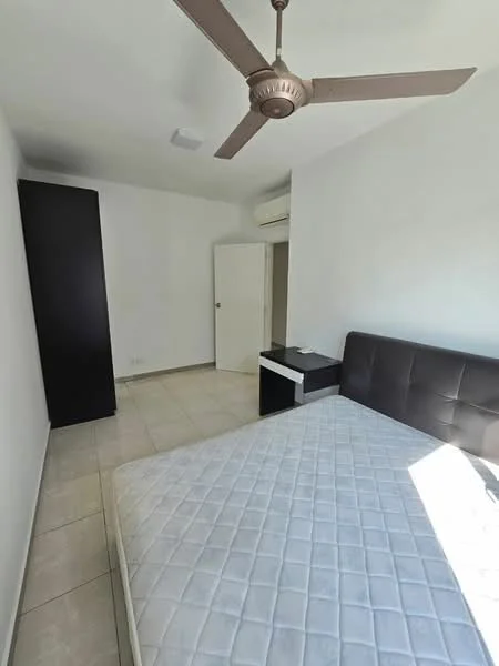 Bedroom features: queen-size bed, upholstered headboard, nightstand with drawer, built-in wardrobe, white painted walls, tile flooring, 5-blade ceiling fan, wall-mounted split AC, door leading to hallway; style: modern.