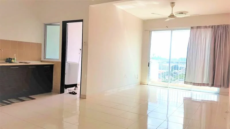 Living features: white painted walls, glossy tile flooring, ceiling fan, sliding glass door, floor-to-ceiling window, curtains, kitchenette with dark cabinetry, countertop, sink, open layout; style: modern; view: city.