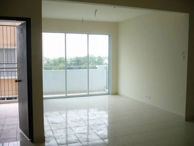 Living features: white painted walls, glossy ceramic tile flooring, floor-to-ceiling windows, sliding glass door, balcony access, neutral ceiling, no visible lighting fixtures, open layout; style: modern; view: garden.