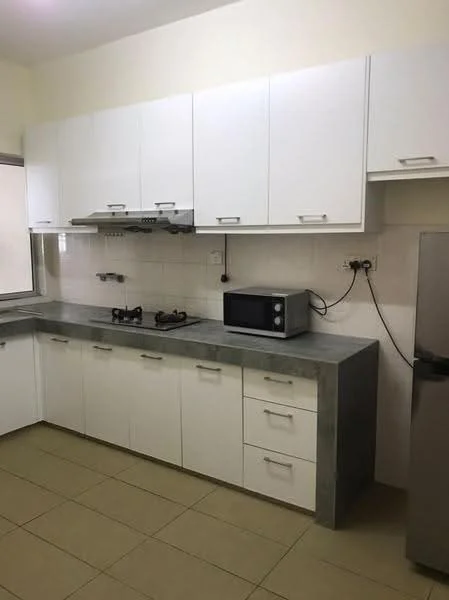 Kitchen features: white cabinetry with flat-panel doors, grey countertop, stainless-steel range hood, 2-burner gas hob, built-in microwave, stainless-steel fridge, ceramic tile flooring, wall-mounted cabinets, sink with chrome faucet, white tiled backsplash; style: modern.