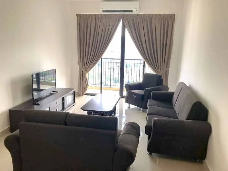 Living features: 2-seater fabric sofa in grey, 3-seater fabric sofa in grey, coffee table, TV console, wall-mounted TV, floor-to-ceiling windows, sheer curtains, balcony access, 1 wall-mounted split AC, light-coloured tiled flooring, decorative wall, area rug; style: modern; view: city.