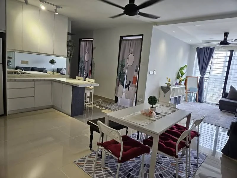 Dining features: white dining table, 4 upholstered dining chairs in red, area rug with geometric pattern, pendant light, open-plan layout, wall-mounted plant, decorative wall art; style: modern. Living features: grey fabric sofa, coffee table, TV console, floor-to-ceiling windows, curtains, ceiling fan; style: modern. Kitchen features: white cabinetry, quartz countertop, stainless-steel sink, built-in oven, induction hob, refrigerator, pendant lighting; style: modern.