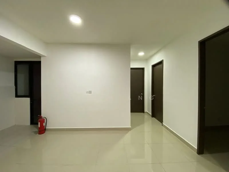 Room features: white painted walls, polished ceramic tile flooring, recessed downlights, fire extinguisher, doorway to adjacent rooms, neutral color scheme; style: modern.