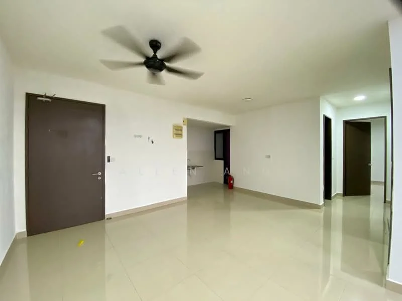 Room features: white painted walls, cream tiled flooring, 5-blade ceiling fan, single wooden door, double wooden door, light fixtures, fire extinguisher, window with no visible treatment; style: modern.