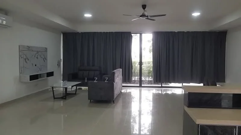 Living features: 5-blade ceiling fan with light, grey fabric sofa, glass coffee table, wall-mounted TV console, floor-to-ceiling windows, sliding glass door, dark grey curtains, polished tile flooring, air conditioning unit; style: modern; view: garden.