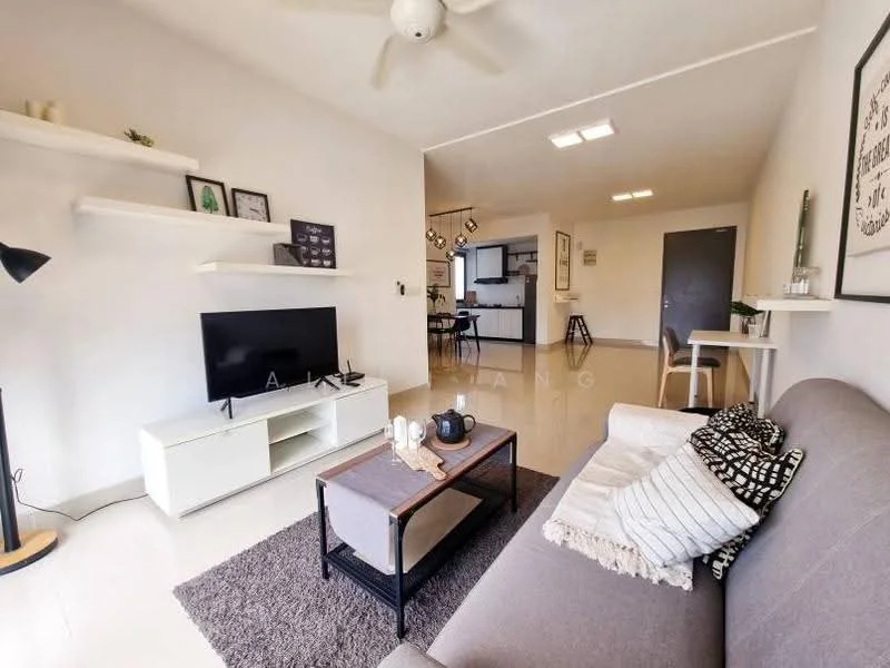 Living features: grey fabric sofa, black and white patterned throw pillow, white coffee table, black TV console, wall-mounted TV, floating white shelves, decorative wall art, ceiling fan, light-colored tiled flooring, large window with natural light; style: modern.