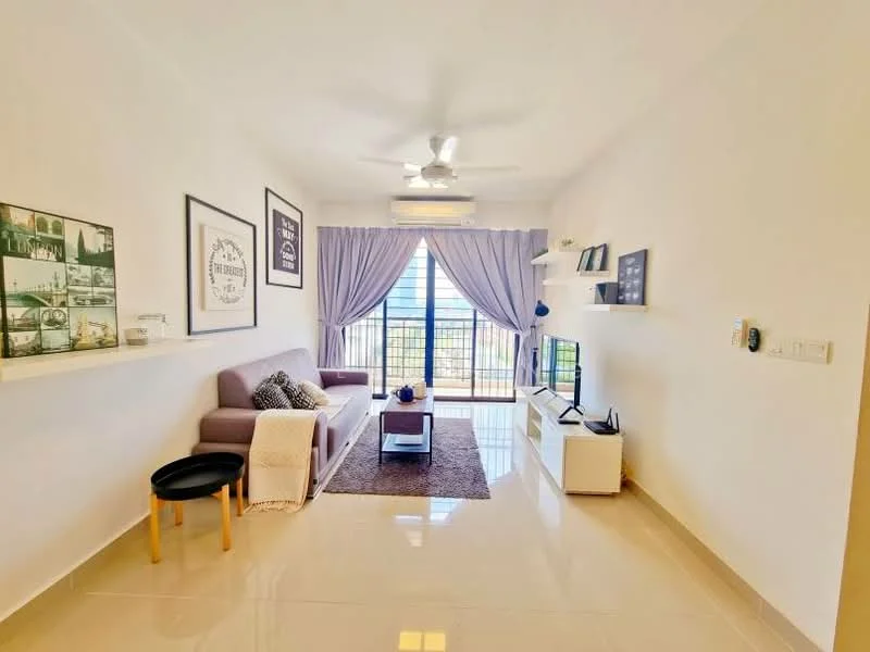 Living features: light grey fabric sofa, white throw blanket, black round side table, coffee table, area rug with geometric pattern, wall-mounted TV, TV console, 5-blade ceiling fan with light, floor-to-ceiling windows, sheer curtains, decorative wall shelves, framed artwork, light-colored walls, glossy tile flooring; style: modern; view: city.