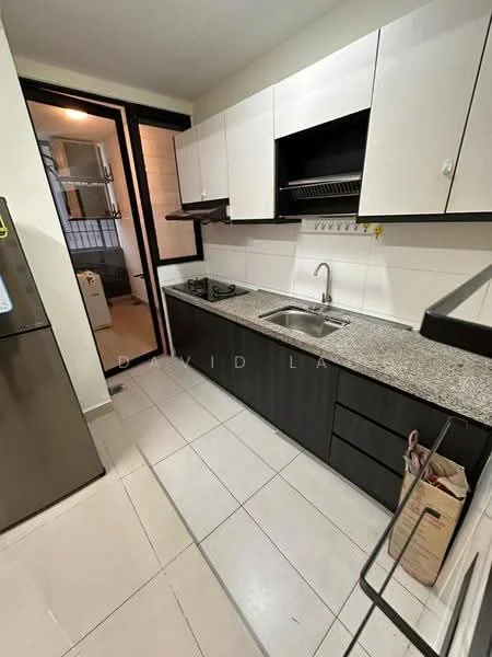 Kitchen features: granite countertop, stainless-steel sink, chrome pull-down faucet, white upper cabinets, dark lower cabinets, built-in gas hob, wall-mounted range hood, tile backsplash, ceramic tile flooring, recessed downlights, open shelving, fridge, window with view to laundry area; style: modern.