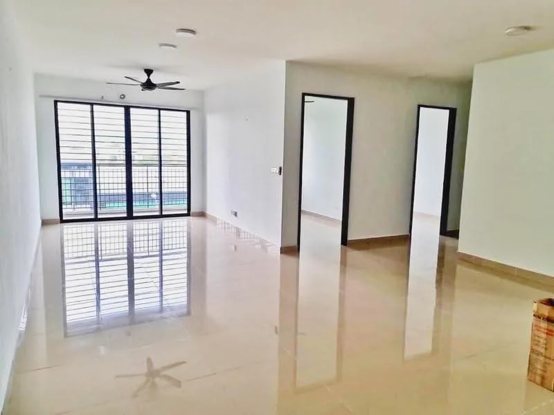 Living features: white painted walls, polished ceramic tile flooring, 5-blade ceiling fan, floor-to-ceiling sliding glass door, blackout curtains, natural light from large windows, open layout, access to balcony, neutral color scheme; style: modern; view: city. Room features: white painted walls, polished ceramic tile flooring, doorway leading to another room.