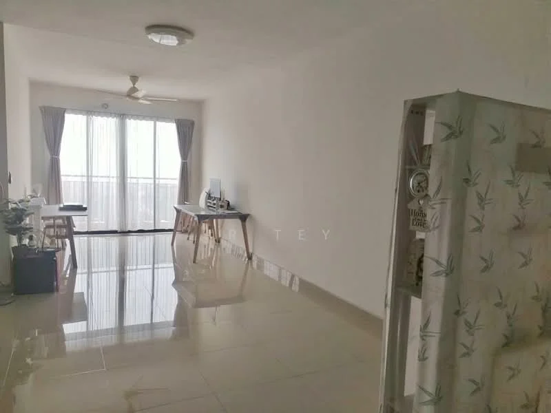 Living features: white painted walls, glossy tile flooring, 5-blade ceiling fan, floor-to-ceiling windows, sheer curtains, dining table with chairs, study desk, balcony access, decorative wall shelf; style: modern; view: city.