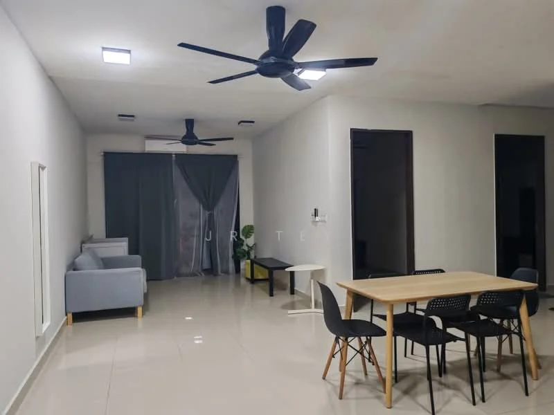 Living features: grey fabric sofa, 4-seater dining table, black dining chairs, 2 ceiling fans, recessed LED downlights, large mirror, sliding glass door with sheer curtains, white painted walls, glossy tile flooring; style: modern.