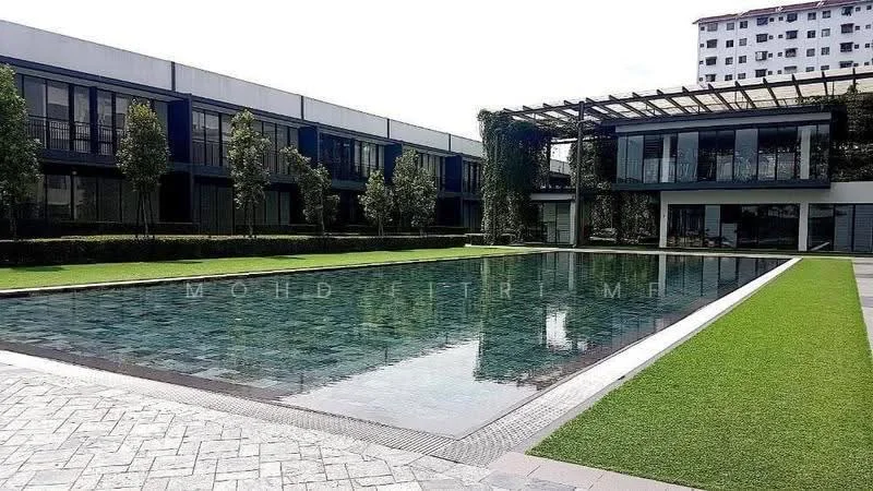 Exterior type: low-rise apartment block; features: infinity pool, pool deck with loungers, manicured lawn, landscaped garden, surrounded by greenery, modern architecture, glass facade, pergola structure; style: modern.