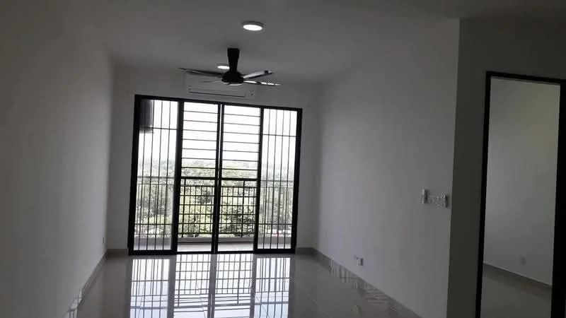Living features: white painted walls, polished tile flooring, 5-blade ceiling fan with light, floor-to-ceiling sliding glass doors, black metal window grills, city view through windows, air conditioning unit, recessed downlights; style: modern; view: city.