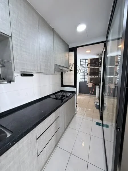 Kitchen features: grey laminate cabinetry, black granite countertop, stainless-steel single-bowl sink, chrome pull-down faucet, built-in stove with exhaust hood, white tiled backsplash, white tiled flooring, recessed LED downlights, floor-to-ceiling glass door, open shelving, kitchen window with metal grilles; style: modern.