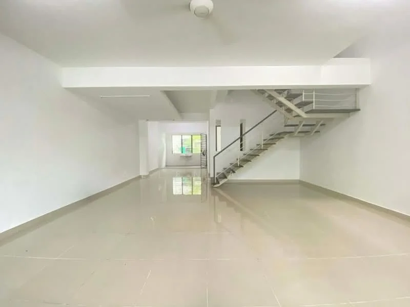 Room features: white painted walls, polished ceramic tile flooring, ceiling fan, large windows, staircase with metal railing, open layout, natural light, neutral color scheme; style: modern.