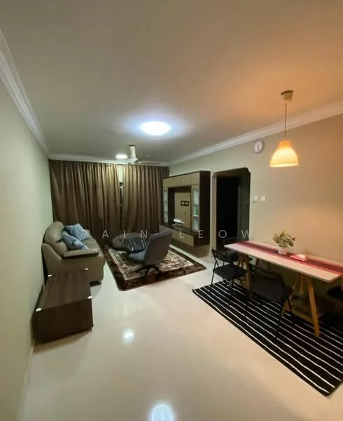 Living features: cream painted walls, glossy tile flooring, recessed downlights, 5-blade ceiling fan, sofa in grey fabric, coffee table with glass top, area rug with geometric pattern, TV console, wall-mounted TV, curtains in brown, dining table with red tablecloth, black dining chairs, decorative vase on dining table; style: modern.