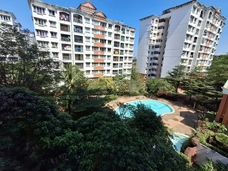 Exterior type: mid-rise condominium; features: swimming pool, landscaped garden, multiple balconies, surrounded by greenery, residential complex, manicured lawn; style: modern.