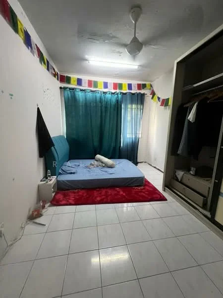 Bedroom features: single bed with blue mattress, red area rug, white tiled flooring, green curtains, ceiling fan, built-in wardrobe with sliding doors, decorative wall with flags, window with natural light.
