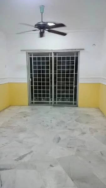 Room features: marble flooring, yellow painted walls, white painted walls, 5-blade ceiling fan, sliding glass door, grille door, crown moulding.