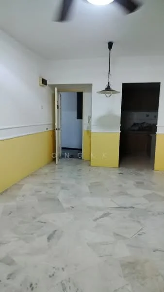 Room features: white painted walls, yellow painted lower wall, marble flooring, ceiling fan, pendant light, doorway leading to another room, doorway leading to kitchen area.