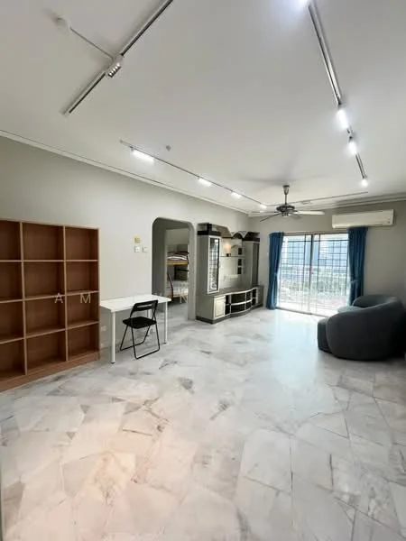 Living features: marble flooring, grey painted walls, 5-blade ceiling fan with light, floor-to-ceiling windows, sliding glass door, curtains, built-in shelving unit, study desk with chair, sofa, air conditioning unit; style: modern; view: city.