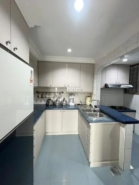 Kitchen features: blue countertop, white cabinetry, built-in oven, stainless-steel sink, chrome pull-down faucet, 4-burner gas hob, white tiled backsplash, recessed downlights, floor tiles in light blue, kitchen island, microwave, kitchen utensils hanging on wall, window with blinds; style: modern.