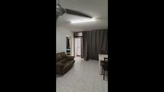 Living features: 3-seater leather sofa in brown, ceiling fan, white painted walls, tile flooring, curtains, dining table with chairs, door leading to balcony, light fixture; style: modern.