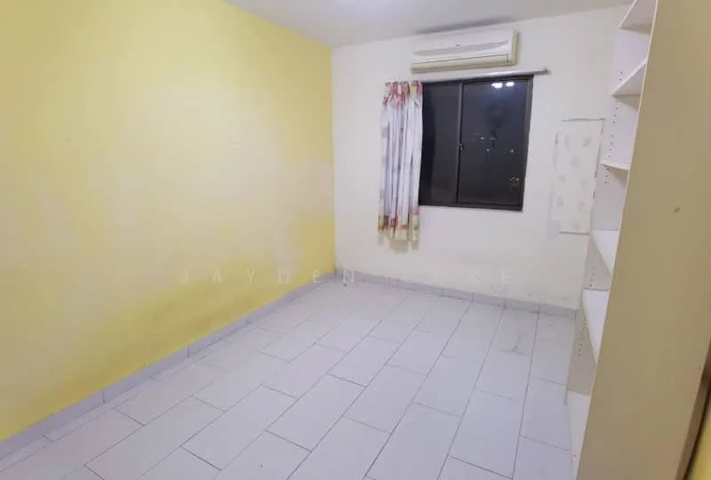 Room features: yellow painted walls, white tiled flooring, window with sheer curtains, wall-mounted split AC, built-in shelving unit.