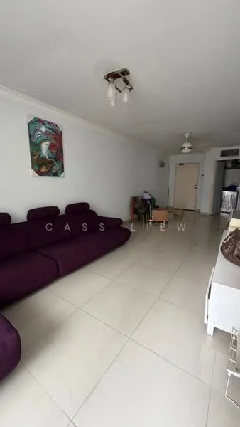 Living features: purple fabric sectional sofa, white painted walls, glossy tile flooring, ceiling fan with light, recessed ceiling lights, framed artwork on wall, doorway leading to hallway, open space layout; style: modern.